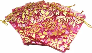 100 Pack 7 x 9 Inch Drawstring Flower Heart Bags Organza Jewelry Gift Pouch Candy Pouch Drawstring Wedding Favor Bags (fuchsia flower)