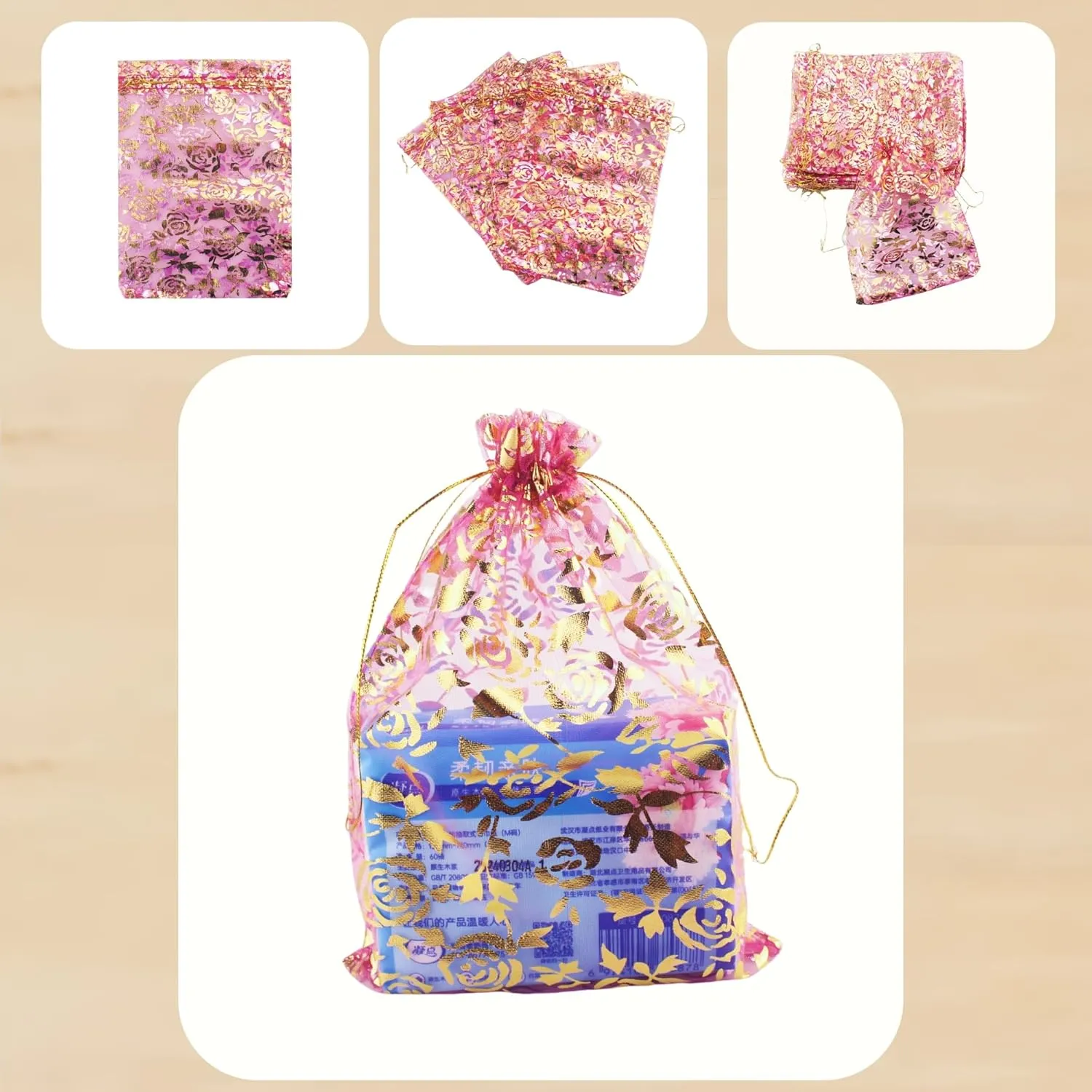 100 Pack 7 x 9 Inch Drawstring Flower Heart Bags Organza Jewelry Gift Pouch Candy Pouch Drawstring Wedding Favor Bags (fuchsia flower)