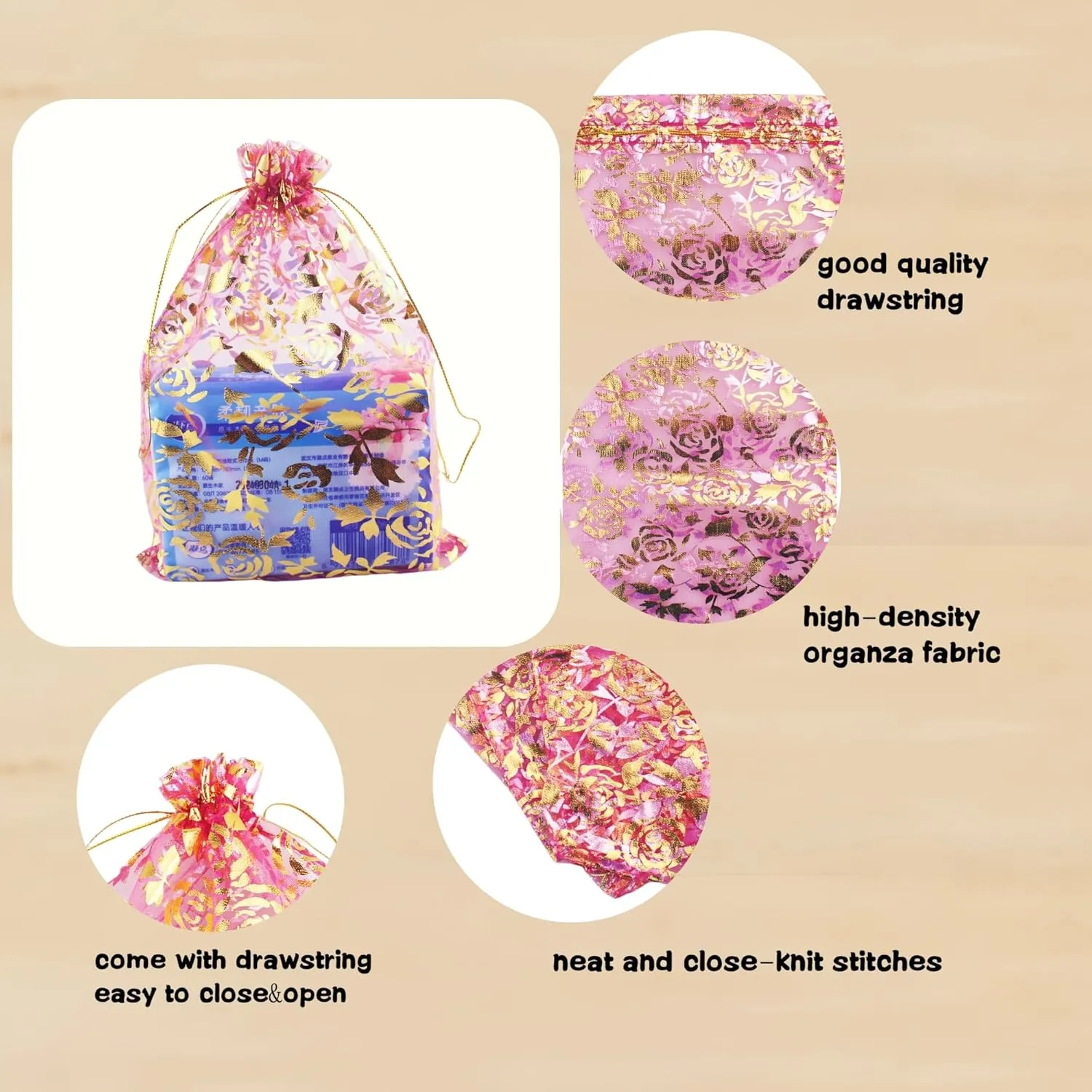 100 Pack 7 x 9 Inch Drawstring Flower Heart Bags Organza Jewelry Gift Pouch Candy Pouch Drawstring Wedding Favor Bags (fuchsia flower)