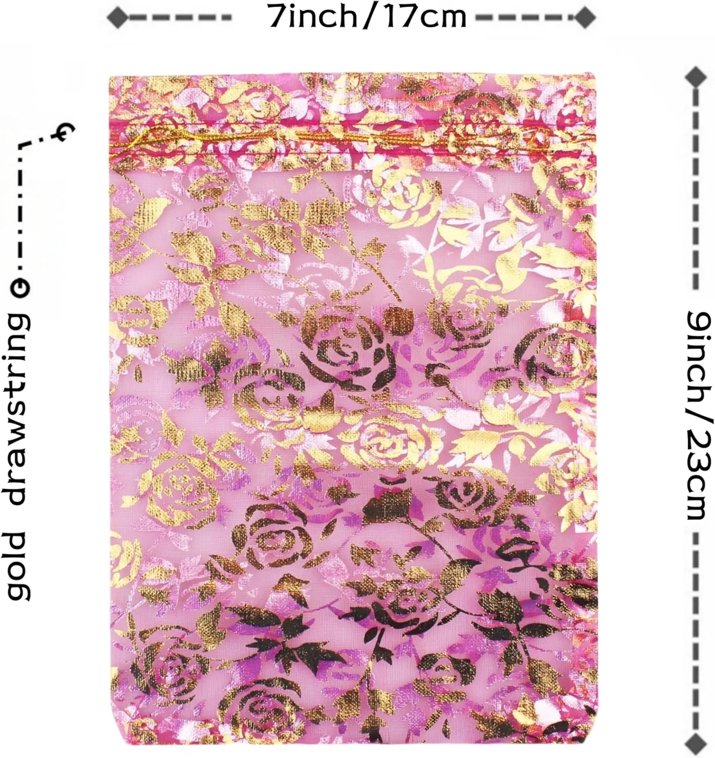 100 Pack 7 x 9 Inch Drawstring Flower Heart Bags Organza Jewelry Gift Pouch Candy Pouch Drawstring Wedding Favor Bags (fuchsia flower)