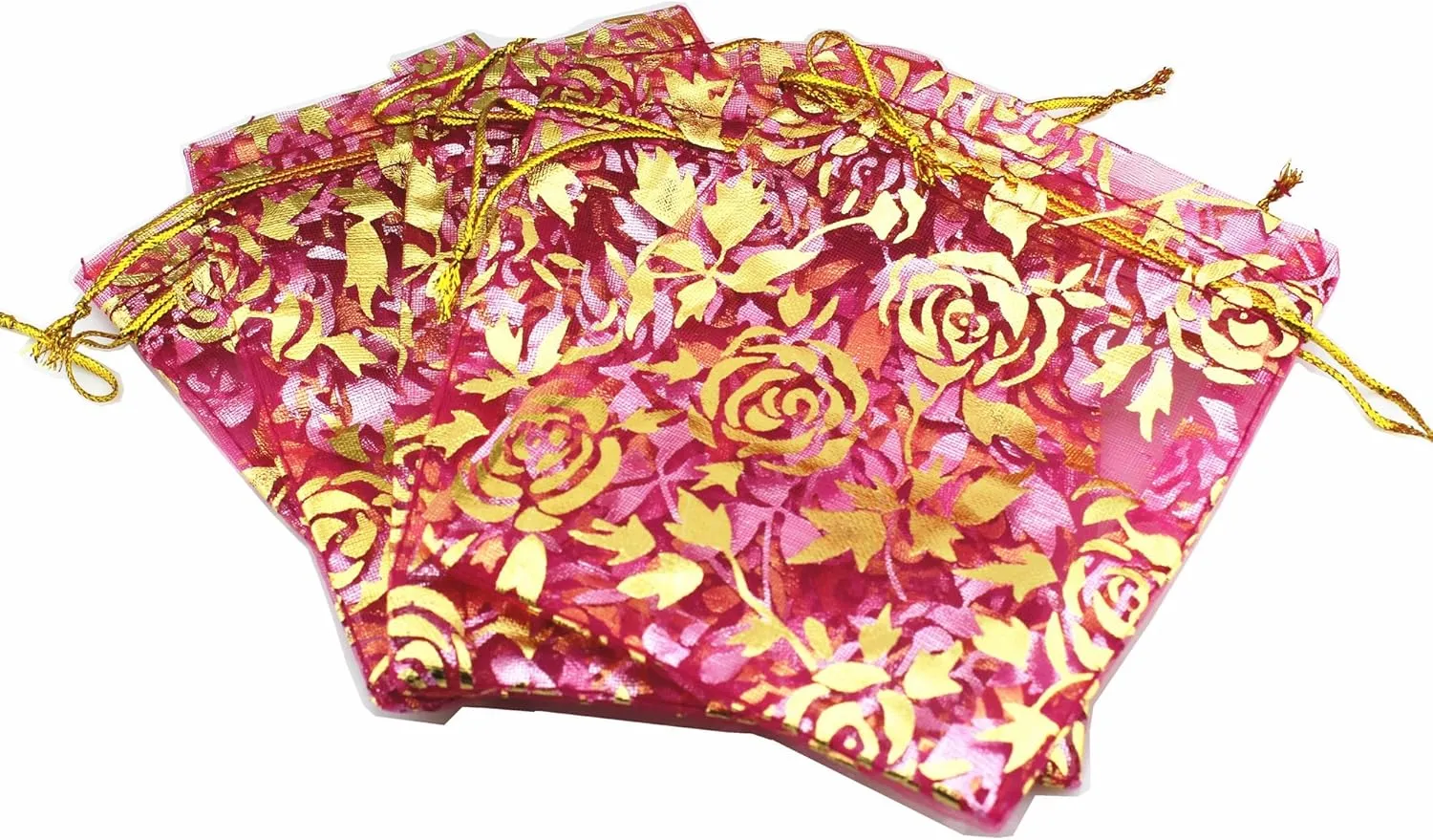 100 Pack 7 x 9 Inch Drawstring Flower Heart Bags Organza Jewelry Gift Pouch Candy Pouch Drawstring Wedding Favor Bags (fuchsia flower)
