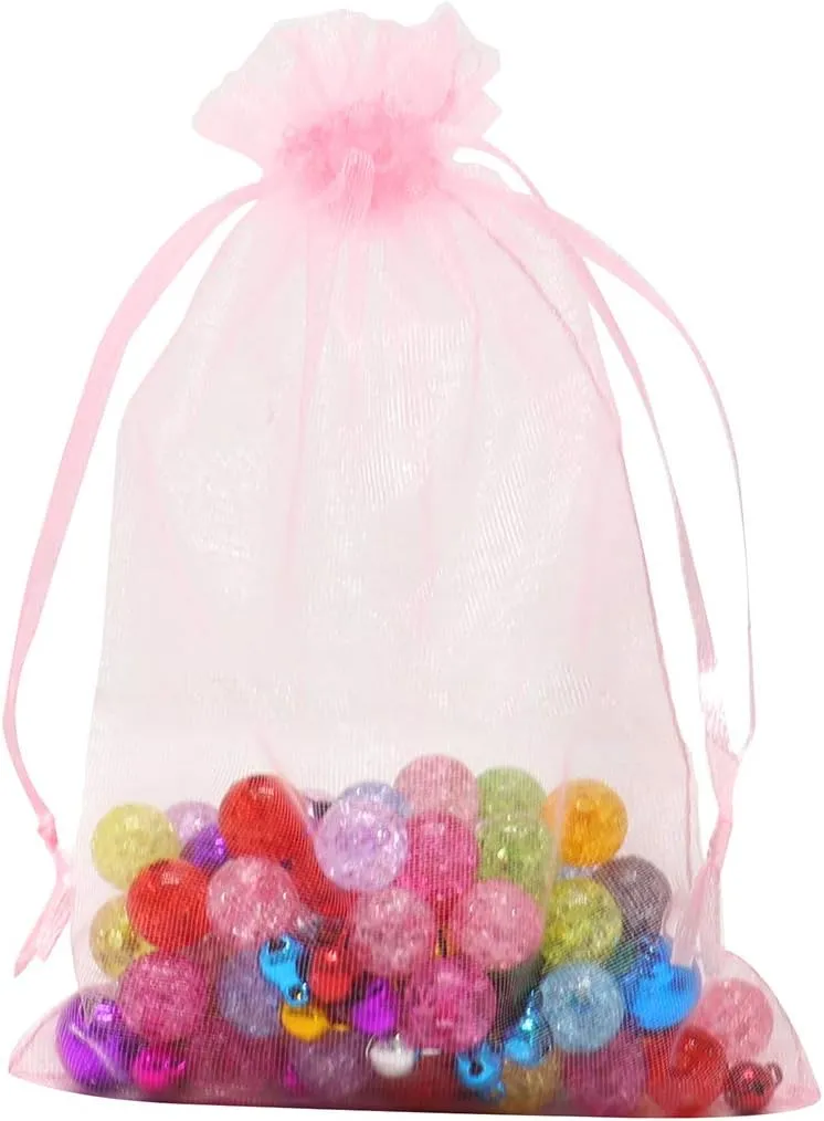 100Pcs Organza Bags 5x7 Inch, Pink Sheer Baby Shower Party Favor Bags with Drawstring, Mesh Jewelry Gift Bags Wedding Candy Pouches