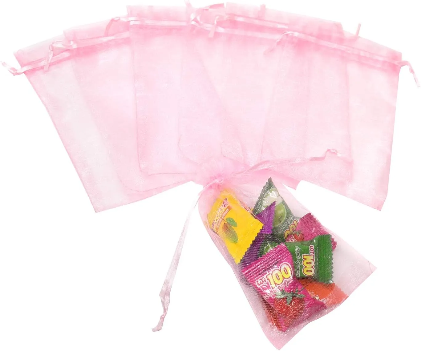 100Pcs Organza Bags 5x7 Inch, Pink Sheer Baby Shower Party Favor Bags with Drawstring, Mesh Jewelry Gift Bags Wedding Candy Pouches