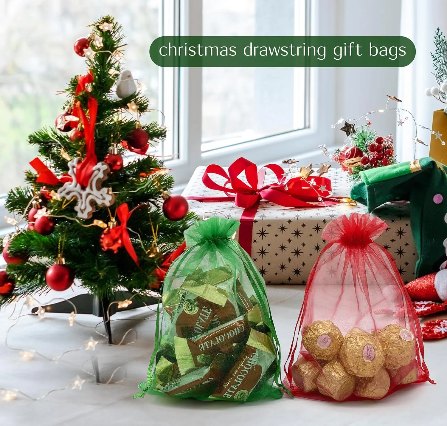 100PCS Red Organza Bags 5''X7'' Sheer Christmas Mesh Drawstring Gift Bags Small for Jewelry Wedding Party Favor Goodie Candy Bags