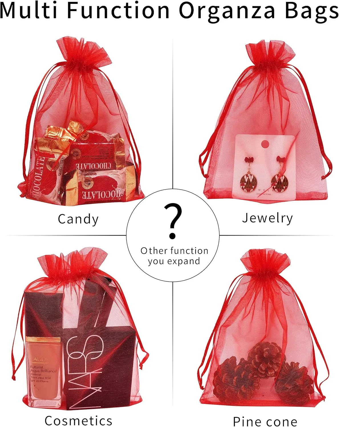 100PCS Red Organza Bags 5''X7'' Sheer Christmas Mesh Drawstring Gift Bags Small for Jewelry Wedding Party Favor Goodie Candy Bags