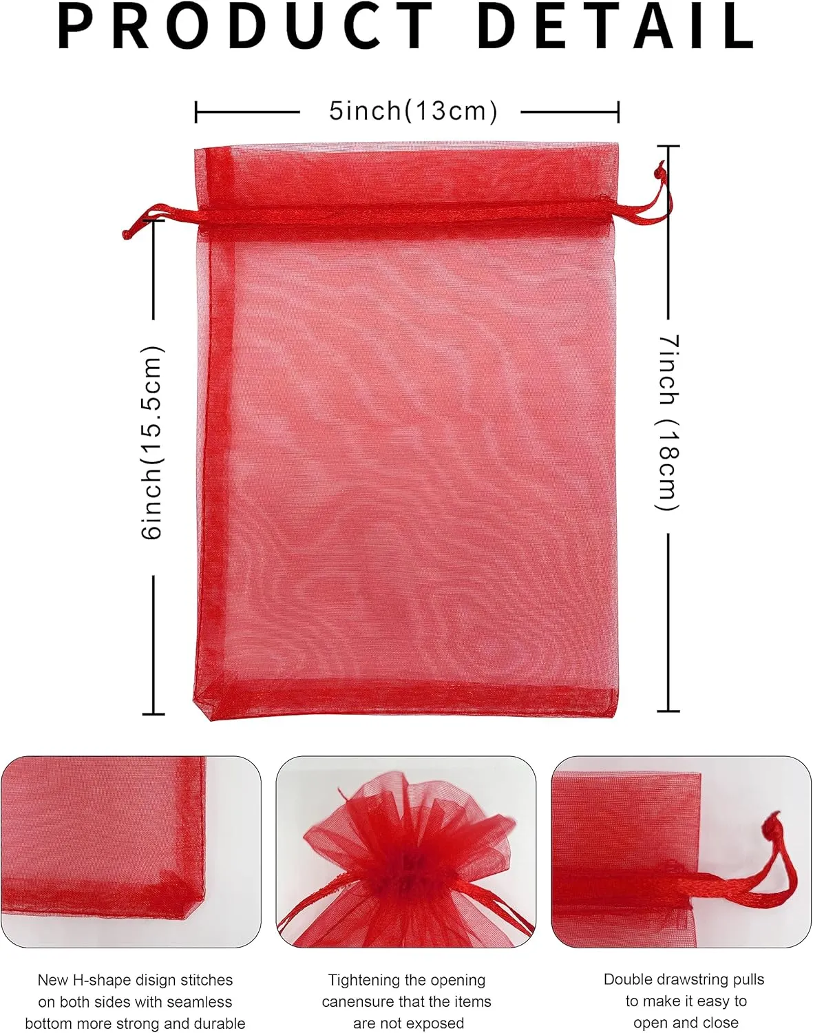 100PCS Red Organza Bags 5''X7'' Sheer Christmas Mesh Drawstring Gift Bags Small for Jewelry Wedding Party Favor Goodie Candy Bags