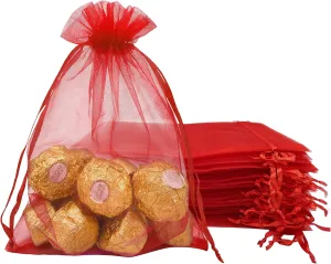 100PCS Red Organza Bags 5''X7'' Sheer Christmas Mesh Drawstring Gift Bags Small for Jewelry Wedding Party Favor Goodie Candy Bags