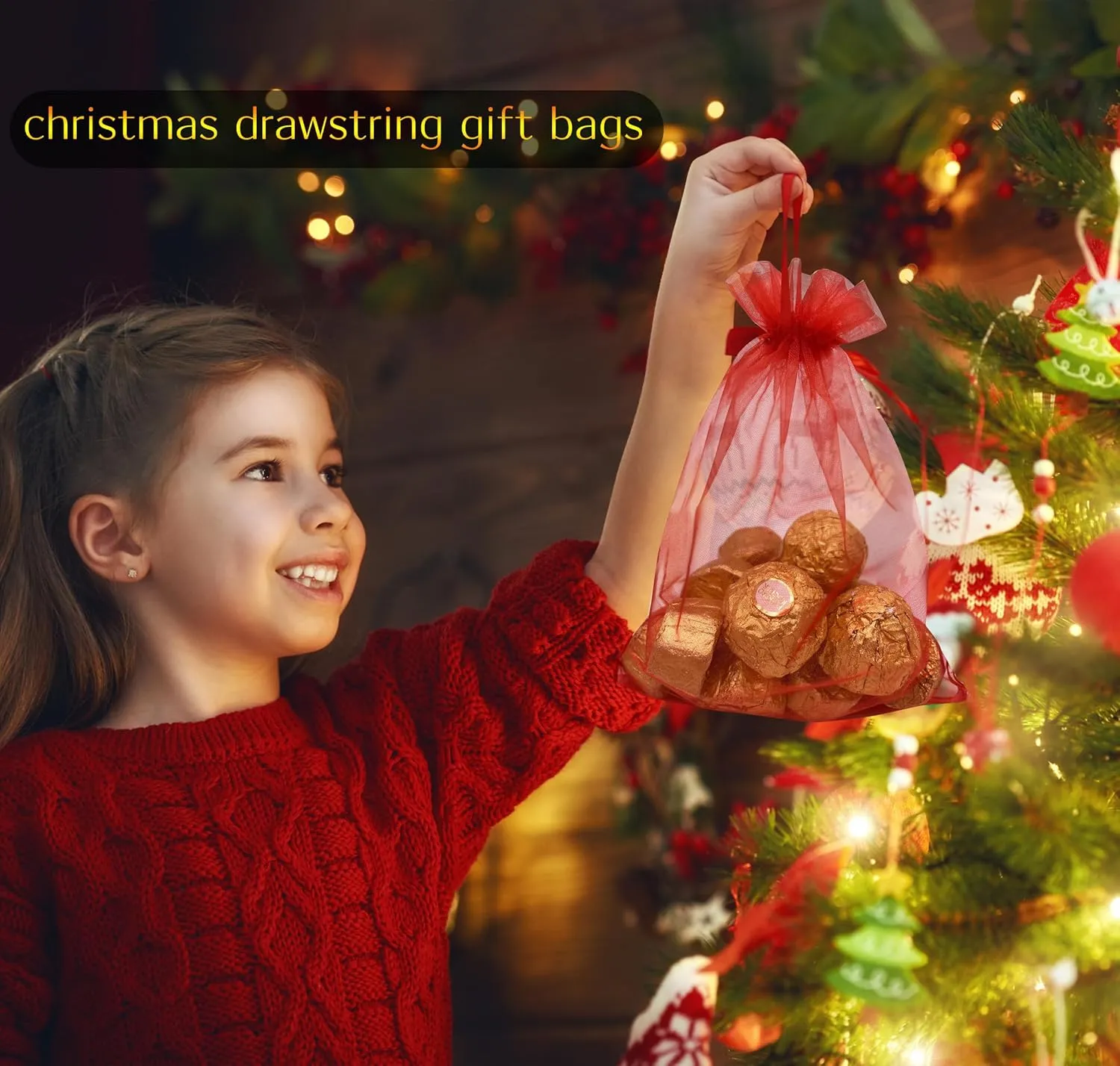 100PCS Red Organza Bags 5''X7'' Sheer Christmas Mesh Drawstring Gift Bags Small for Jewelry Wedding Party Favor Goodie Candy Bags