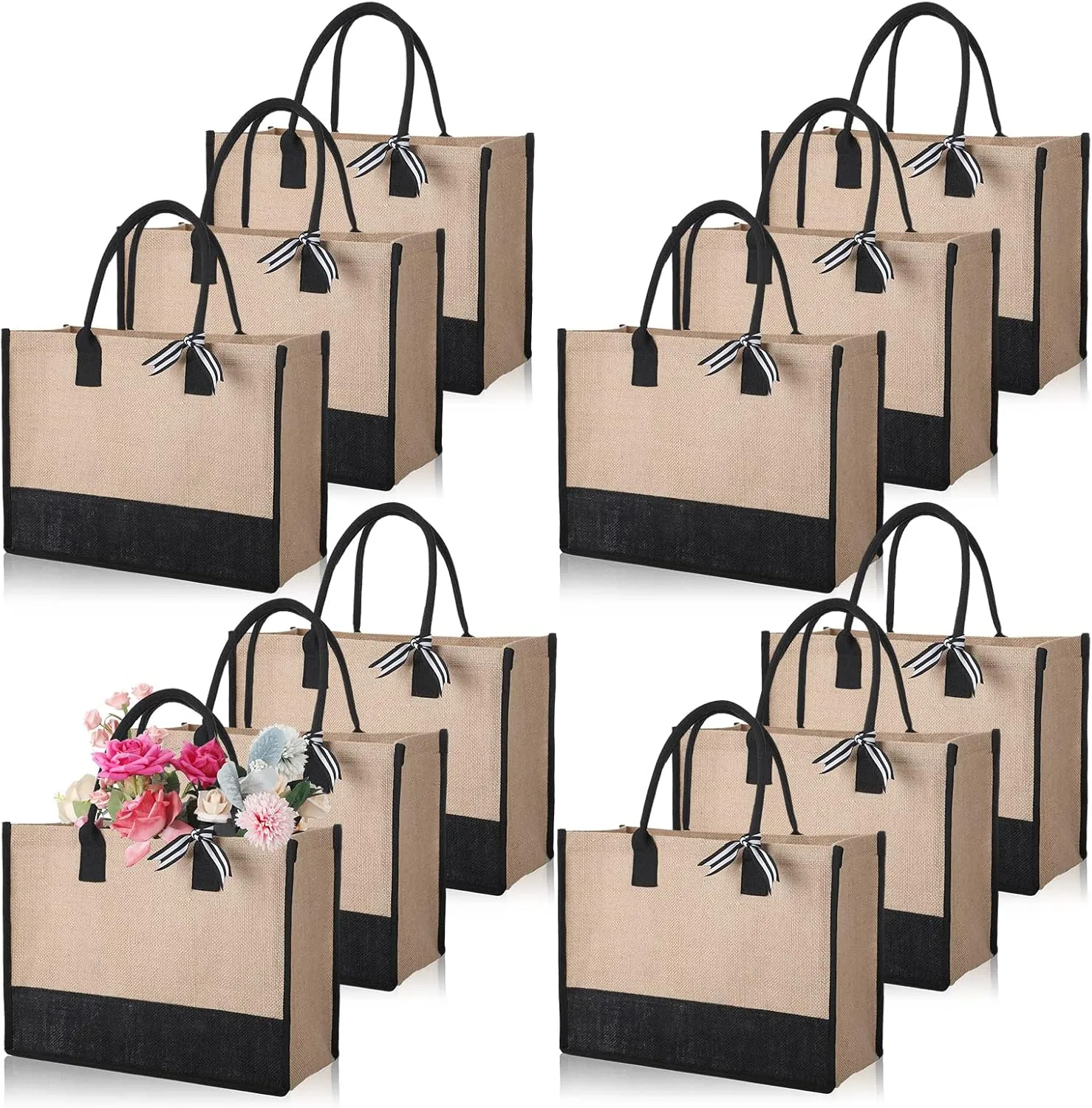 12 Pieces Burlap Tote Bags Set Jute Tote Bag with Handles Initial Canvas Beach Large Reusable Gift Bag for Women Shopping Market Grocery Holiday Travel DIY Bags