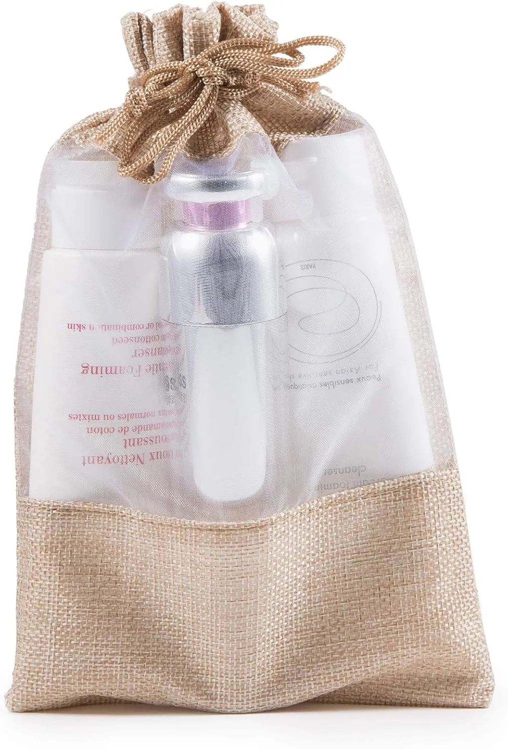 15 Pack 6.3x9.5 Inches Beige Linen Burlap with Sheer Window Organza Gift Bag with Drawstring for Christmas Gifts Wedding Party Favors Cosmetic Perfume Mesh Pouch