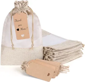 15 Pack 6.3x9.5 Inches Beige Linen Burlap with Sheer Window Organza Gift Bag with Drawstring for Christmas Gifts Wedding Party Favors Cosmetic Perfume Mesh Pouch