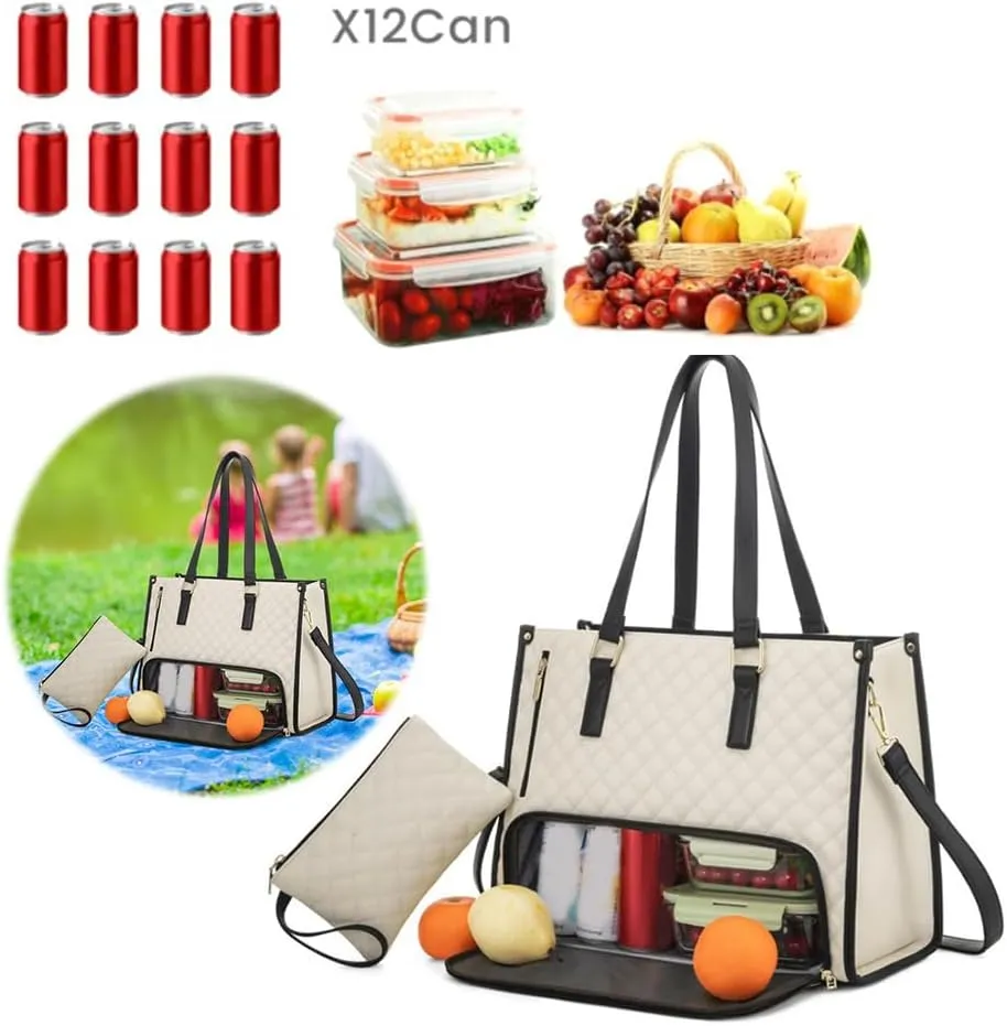2 in 1 Tote Bag Lunch Bag Combo 15.6 Inch Leakproof Bags Insulated Lunch Compartment Large Capacity Laptop Computer Handbags (Beige)