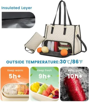 2 in 1 Tote Bag Lunch Bag Combo 15.6 Inch Leakproof Bags Insulated Lunch Compartment Large Capacity Laptop Computer Handbags (Beige)