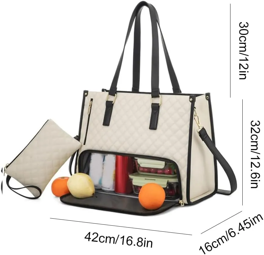 2 in 1 Tote Bag Lunch Bag Combo 15.6 Inch Leakproof Bags Insulated Lunch Compartment Large Capacity Laptop Computer Handbags (Beige)