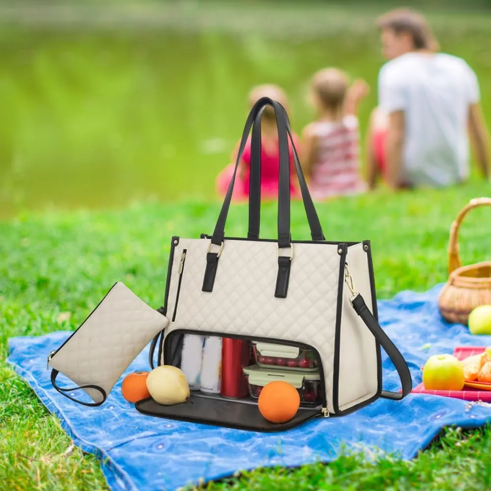 2 in 1 Tote Bag Lunch Bag Combo 15.6 Inch Leakproof Bags Insulated Lunch Compartment Large Capacity Laptop Computer Handbags (Beige)