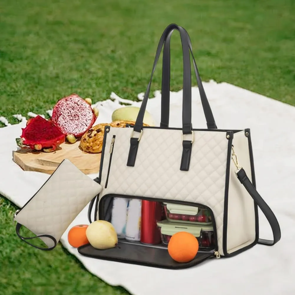 2 in 1 Tote Bag Lunch Bag Combo 15.6 Inch Leakproof Bags Insulated Lunch Compartment Large Capacity Laptop Computer Handbags (Beige)