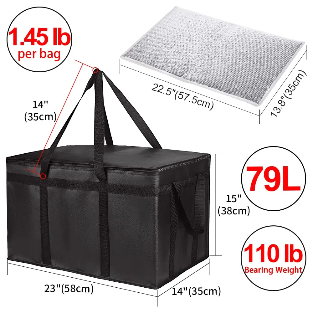 2-Pack Insulated Food Delivery Bag with Hard Bottom, XXX-Large Commercial Food Warmer, Insulated Reusable Grocery Cooler/Hot Bags, Tote Bag for Shopping/Travel/Doordash, Black