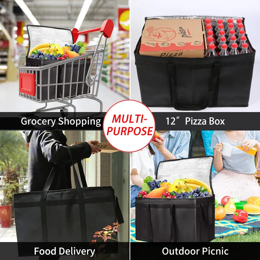 2-Pack Insulated Food Delivery Bag with Hard Bottom, XXX-Large Commercial Food Warmer, Insulated Reusable Grocery Cooler/Hot Bags, Tote Bag for Shopping/Travel/Doordash, Black