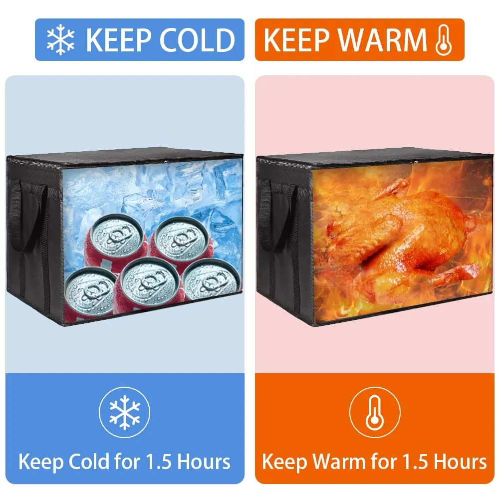 2-Pack Insulated Food Delivery Bag with Hard Bottom, XXX-Large Commercial Food Warmer, Insulated Reusable Grocery Cooler/Hot Bags, Tote Bag for Shopping/Travel/Doordash, Black