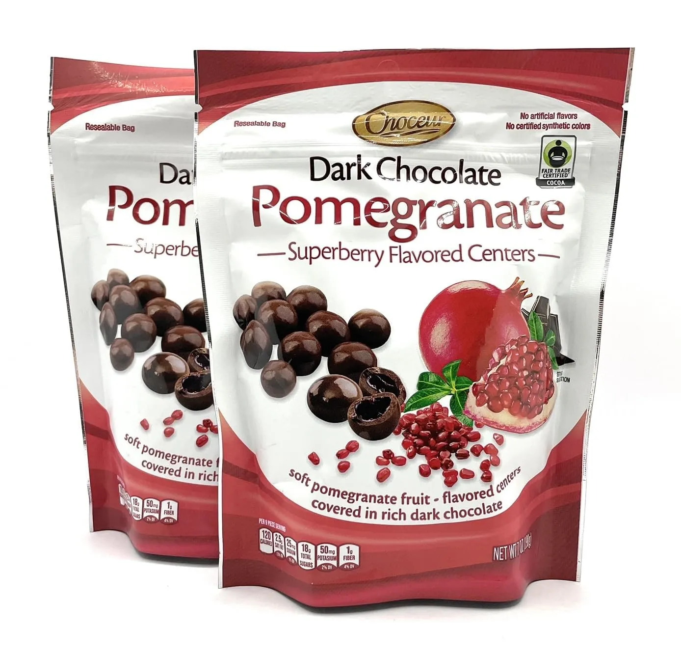 2-PACK Superberry Pomegranate Gourmet Dark Chocolate Bonbons – Fair Trade Certified Premium Dark Chocolate with Soft Chewy Center, No Artificial Colors or Flavors 7oz. resealable bag x 2 = 14 oz. total