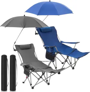2 Set Reclining Camping Chair with Umbrella Clamp, Adjustable Beach Chair with Foot Rest, SPF 50 , Folding Shade Camping Lounger Recliner for Adult Outdoor(Grey,Blue,Oxford)