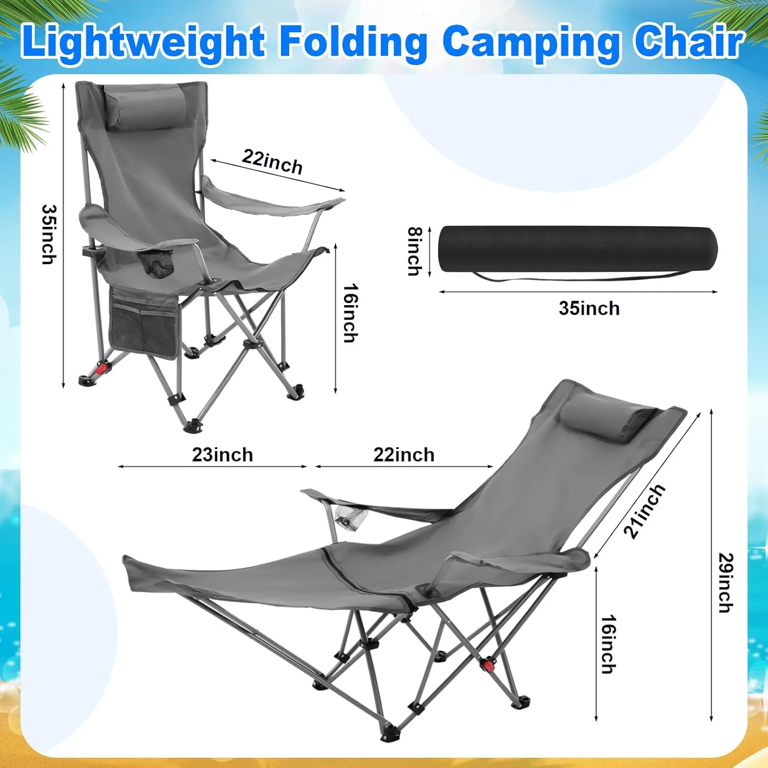 2 Set Reclining Camping Chair with Umbrella Clamp, Adjustable Beach Chair with Foot Rest, SPF 50 , Folding Shade Camping Lounger Recliner for Adult Outdoor(Grey,Blue,Oxford)