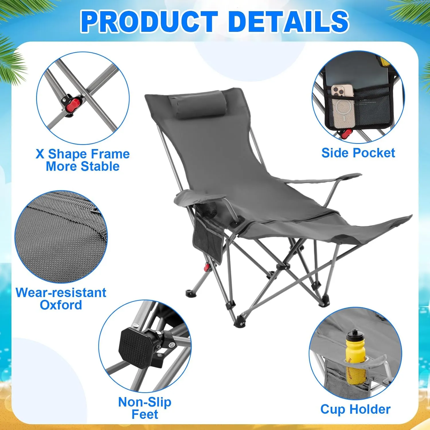 2 Set Reclining Camping Chair with Umbrella Clamp, Adjustable Beach Chair with Foot Rest, SPF 50 , Folding Shade Camping Lounger Recliner for Adult Outdoor(Grey,Blue,Oxford)