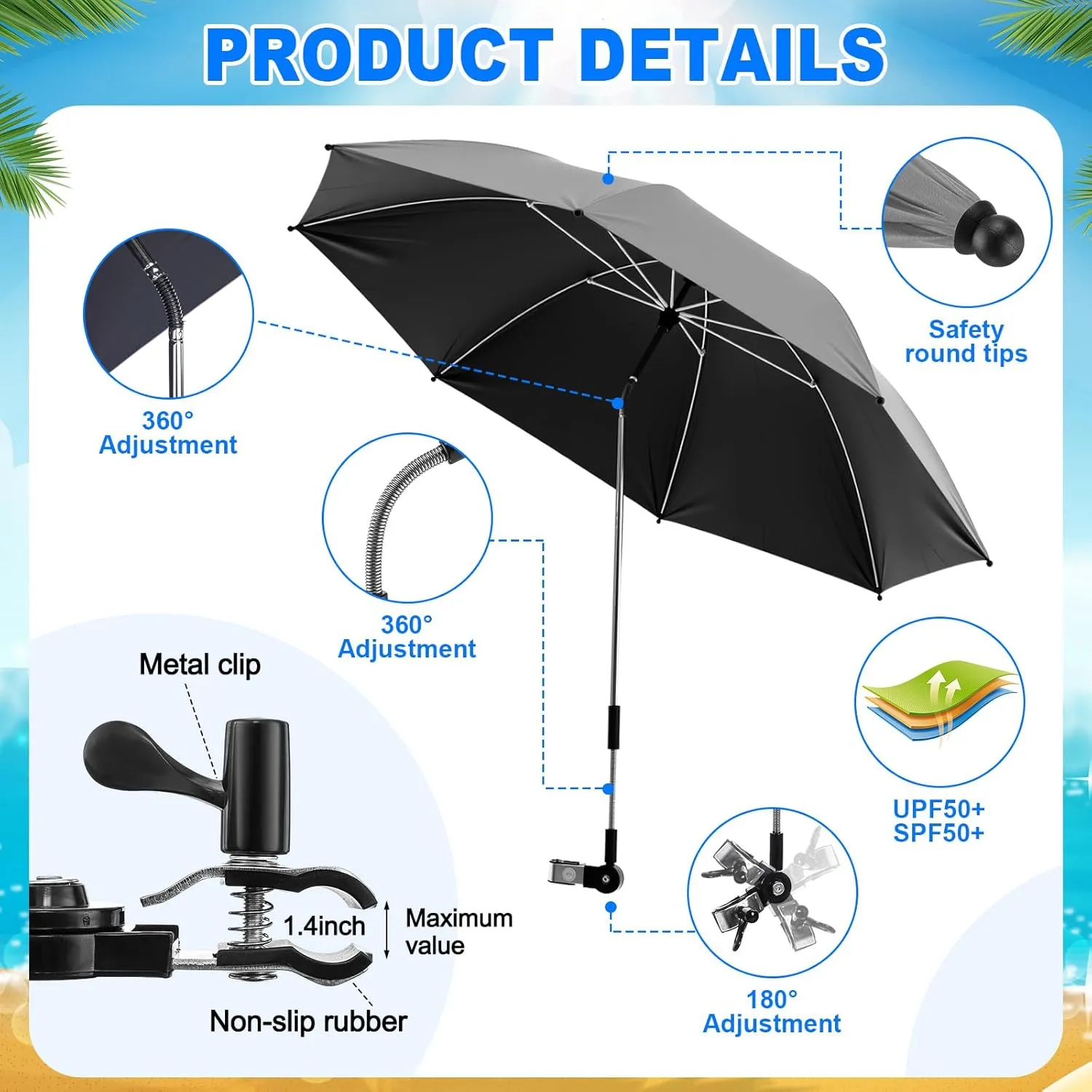 2 Set Reclining Camping Chair with Umbrella Clamp, Adjustable Beach Chair with Foot Rest, SPF 50 , Folding Shade Camping Lounger Recliner for Adult Outdoor(Grey,Blue,Oxford)