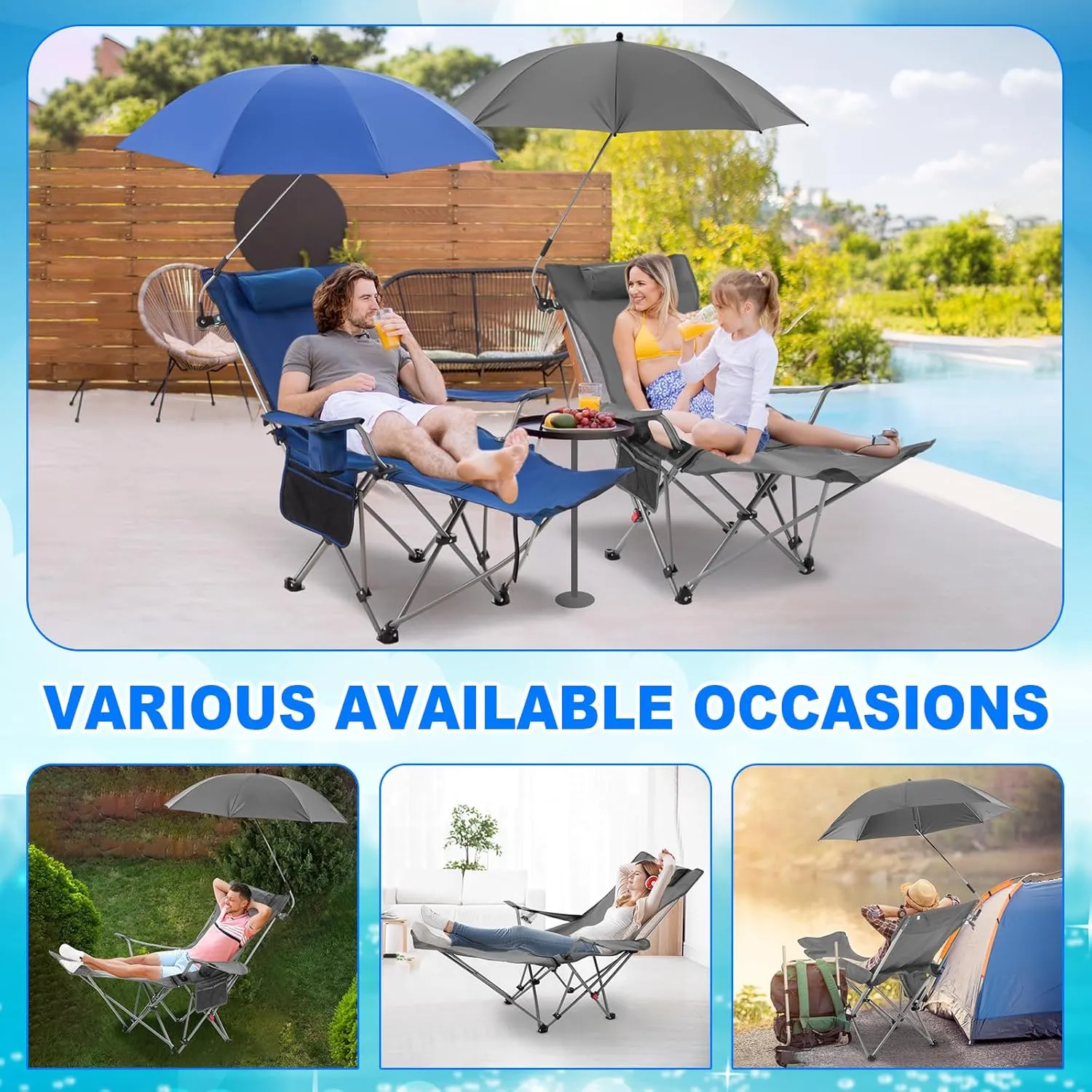 2 Set Reclining Camping Chair with Umbrella Clamp, Adjustable Beach Chair with Foot Rest, SPF 50 , Folding Shade Camping Lounger Recliner for Adult Outdoor(Grey,Blue,Oxford)