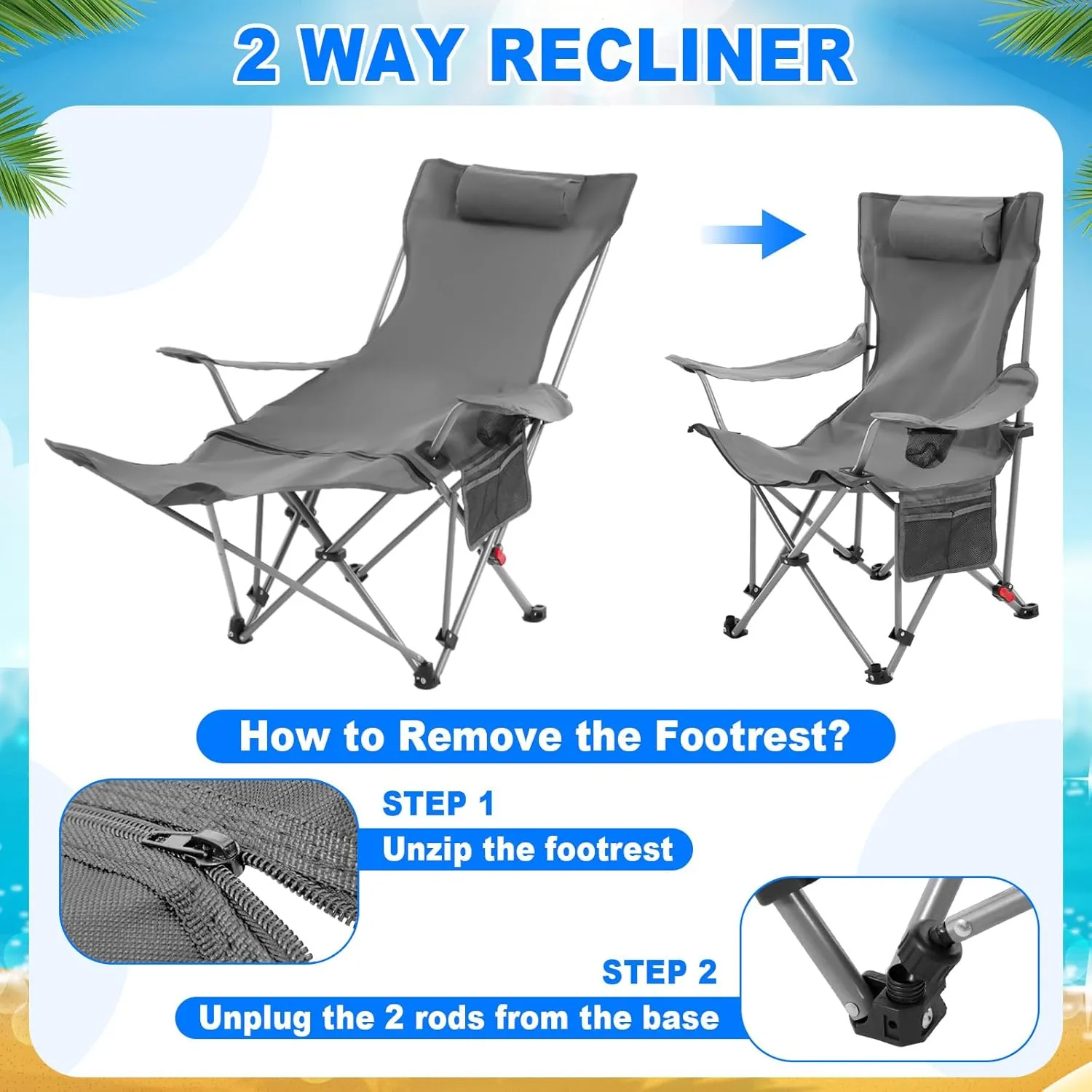 2 Set Reclining Camping Chair with Umbrella Clamp, Adjustable Beach Chair with Foot Rest, SPF 50 , Folding Shade Camping Lounger Recliner for Adult Outdoor(Grey,Blue,Oxford)