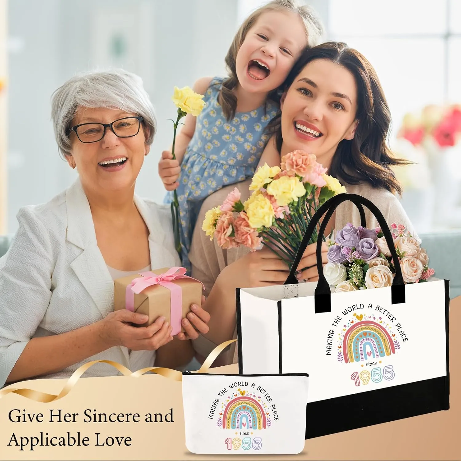 2025 Birthday Gift for Women Canvas Tote Bag Birthday Gift Set for Mom Wife Grandma 40/50/60/70/80 Years Old Gifts