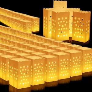 2025 Waterproof 50 Pcs White Luminary Bags Waterproof Plastic Christmas Luminaries Candle Bag Reusable for Christmas Birthday Wedding Party(Star)