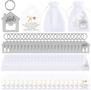 24/48/100/150/200 Sweet New Home Keychain Gift Bulk House Shaped Beer Bottle Opener With Organza Bag for Estate Client Buyer
