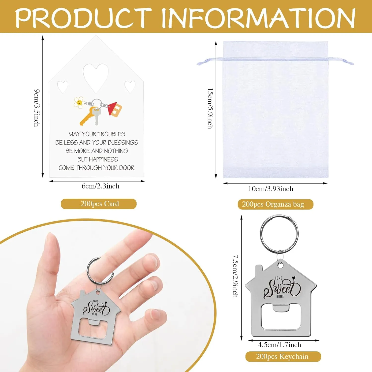 24/48/100/150/200 Sweet New Home Keychain Gift Bulk House Shaped Beer Bottle Opener With Organza Bag for Estate Client Buyer