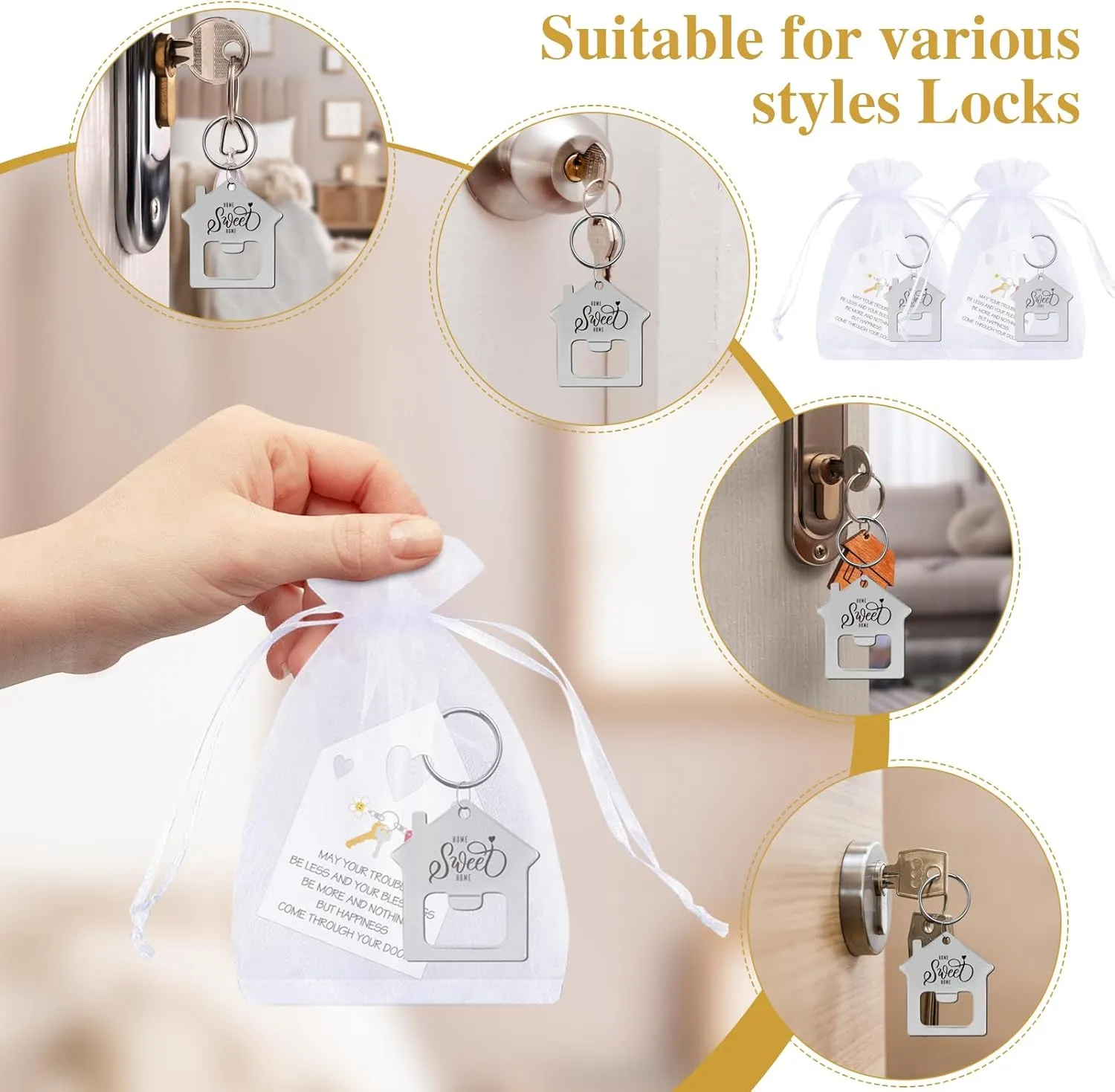 24/48/100/150/200 Sweet New Home Keychain Gift Bulk House Shaped Beer Bottle Opener With Organza Bag for Estate Client Buyer
