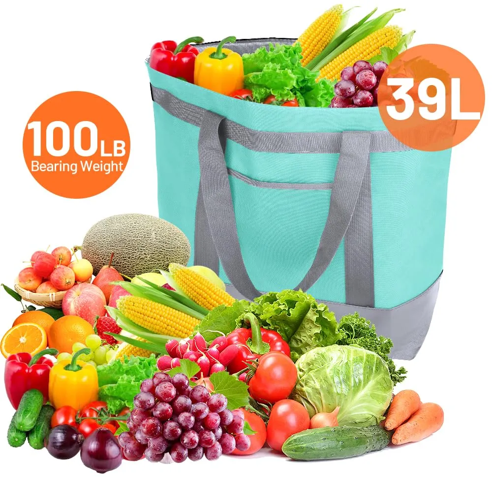 2Pk Insulated Reusable Tote Bag for Grocery Shopping for Women/Men, Pizza/Food Delivery Bag to Keep Food Cold/Hot for Uber Eats/Doordash/Grubub, Cooler bags for Travel/Beach/Picnic, Green