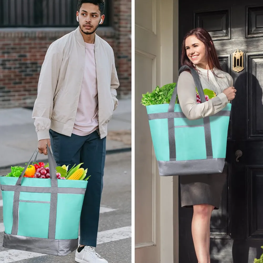2Pk Insulated Reusable Tote Bag for Grocery Shopping for Women/Men, Pizza/Food Delivery Bag to Keep Food Cold/Hot for Uber Eats/Doordash/Grubub, Cooler bags for Travel/Beach/Picnic, Green