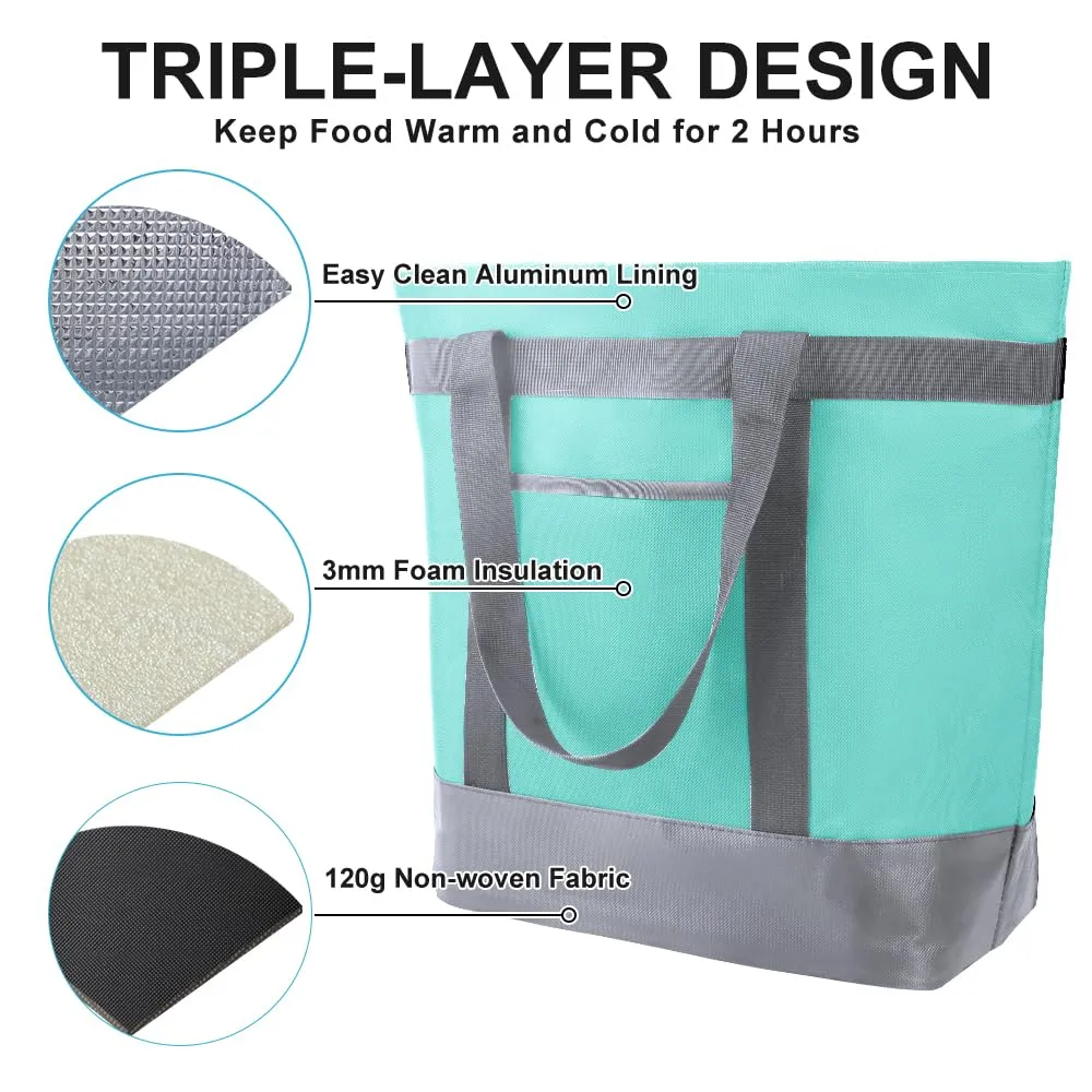 2Pk Insulated Reusable Tote Bag for Grocery Shopping for Women/Men, Pizza/Food Delivery Bag to Keep Food Cold/Hot for Uber Eats/Doordash/Grubub, Cooler bags for Travel/Beach/Picnic, Green