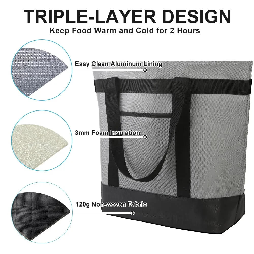 2Pk Insulated Reusable Tote Bag for Grocery Shopping for Women/Men, Pizza/Food Delivery Bag to Keep Food Cold/Hot for Uber Eats/Doordash/Grubub, Cooler bags for Travel/Beach/Picnic, Grey