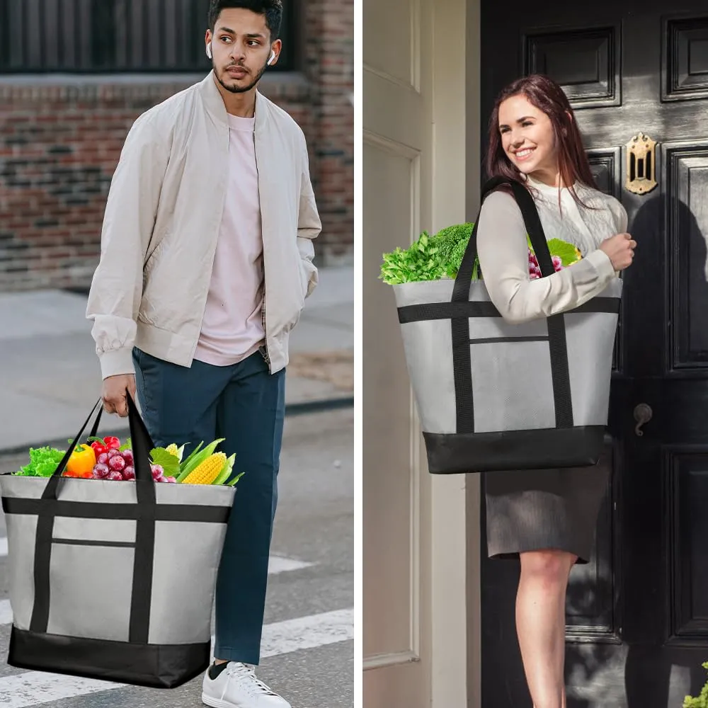2Pk Insulated Reusable Tote Bag for Grocery Shopping for Women/Men, Pizza/Food Delivery Bag to Keep Food Cold/Hot for Uber Eats/Doordash/Grubub, Cooler bags for Travel/Beach/Picnic, Grey