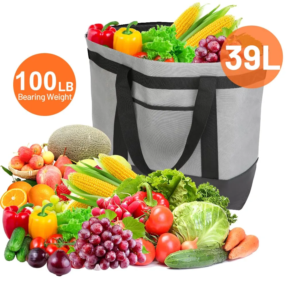 2Pk Insulated Reusable Tote Bag for Grocery Shopping for Women/Men, Pizza/Food Delivery Bag to Keep Food Cold/Hot for Uber Eats/Doordash/Grubub, Cooler bags for Travel/Beach/Picnic, Grey