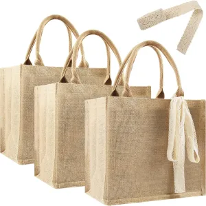 3 Pcs Burlap Tote Bags Bulk, Reusable Jute Tote Bag with 5Yd Ribbon Blank Burlap Gift Bag with Handle Waterproof Beach Tote Bag for Shopping Bridesmaid Gift Bag 12.2''x10.6''x6.3''