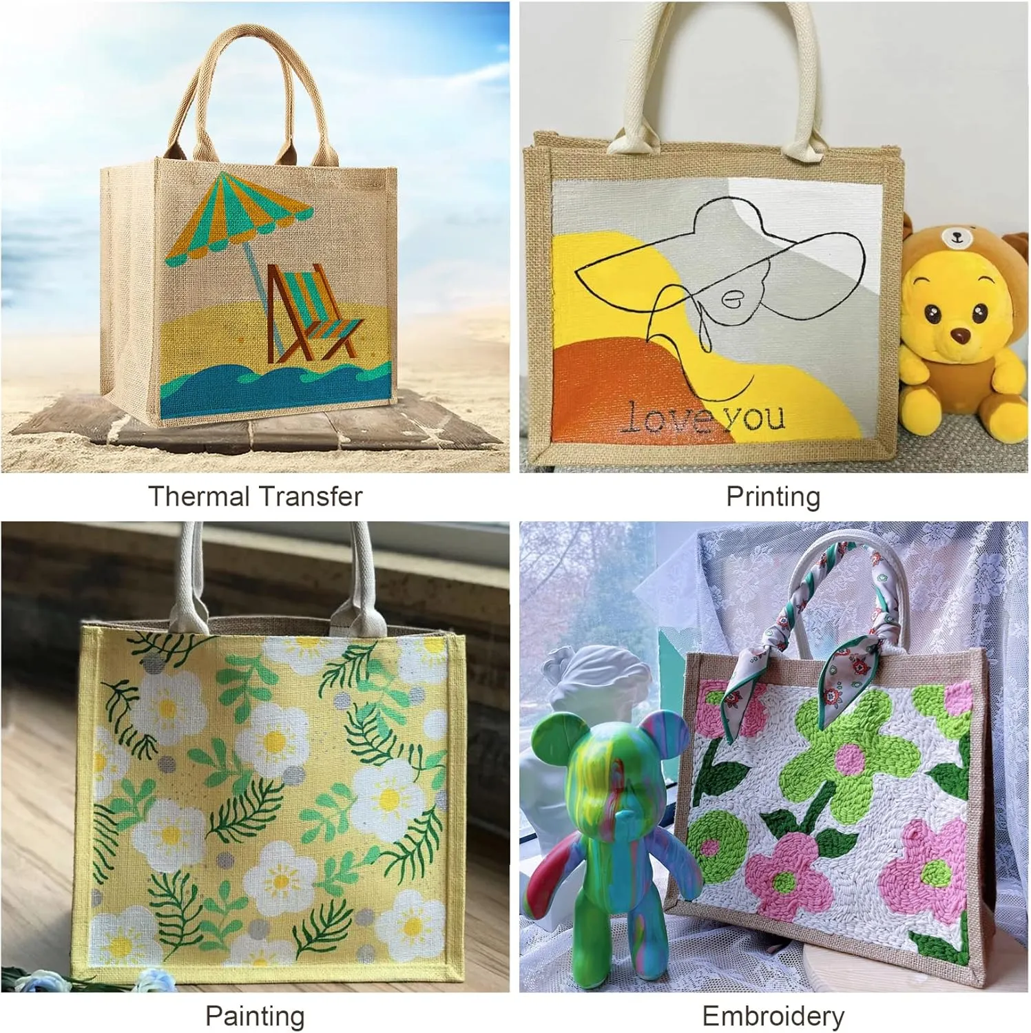 3 Pcs Burlap Tote Bags Bulk, Reusable Jute Tote Bag with 5Yd Ribbon Blank Burlap Gift Bag with Handle Waterproof Beach Tote Bag for Shopping Bridesmaid Gift Bag 12.2''x10.6''x6.3''