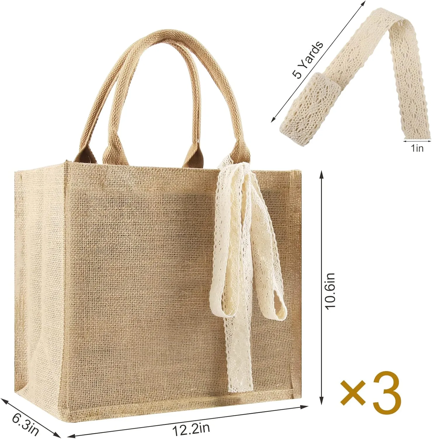 3 Pcs Burlap Tote Bags Bulk, Reusable Jute Tote Bag with 5Yd Ribbon Blank Burlap Gift Bag with Handle Waterproof Beach Tote Bag for Shopping Bridesmaid Gift Bag 12.2''x10.6''x6.3''
