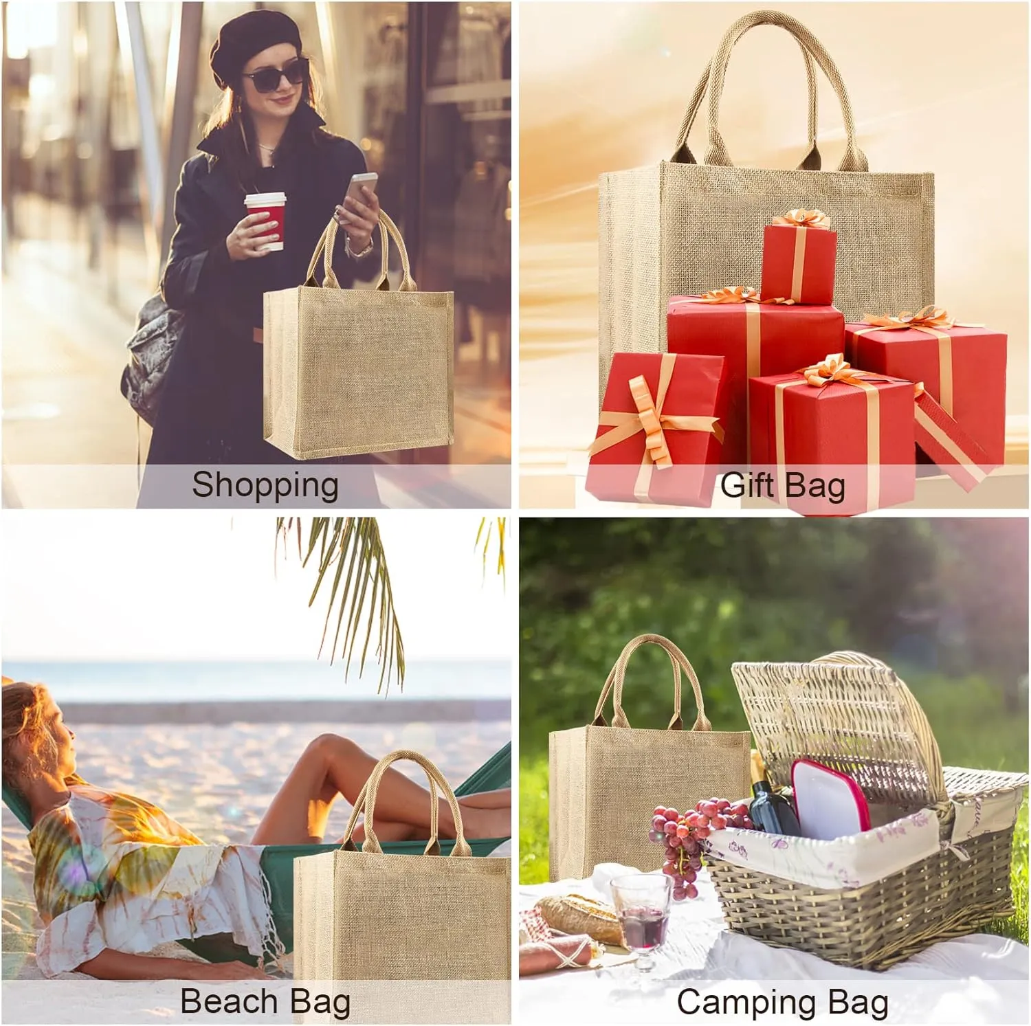 3 Pcs Burlap Tote Bags Bulk, Reusable Jute Tote Bag with 5Yd Ribbon Blank Burlap Gift Bag with Handle Waterproof Beach Tote Bag for Shopping Bridesmaid Gift Bag 12.2''x10.6''x6.3''