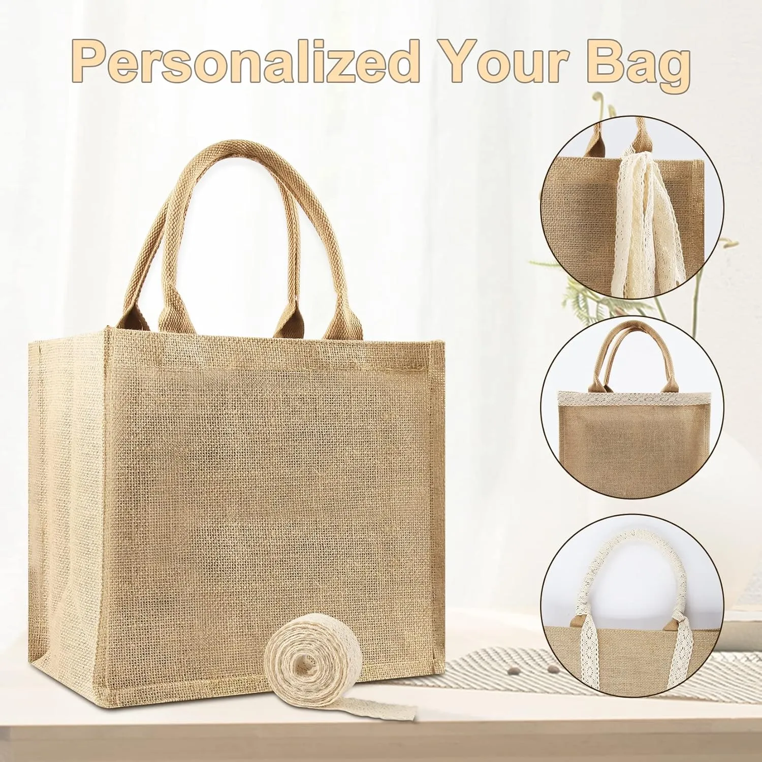 3 Pcs Burlap Tote Bags Bulk, Reusable Jute Tote Bag with 5Yd Ribbon Blank Burlap Gift Bag with Handle Waterproof Beach Tote Bag for Shopping Bridesmaid Gift Bag 12.2''x10.6''x6.3''