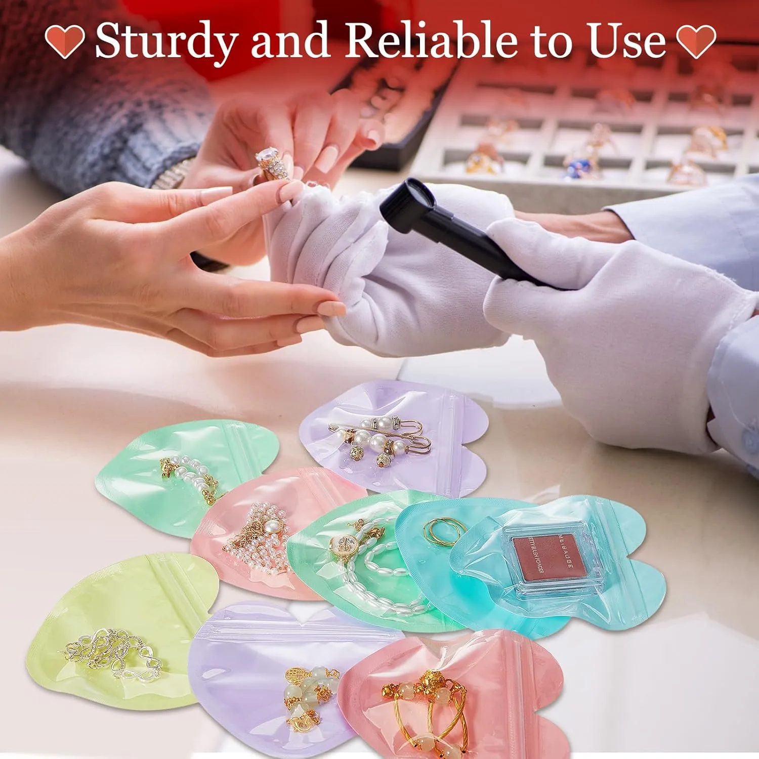 300 Pcs Heart-shaped Jewelry Packaging Bags Small Jewelry Transparent Resealable Cute Treat Bags for Business Wedding Birthday Festival Party Favor Supplies
