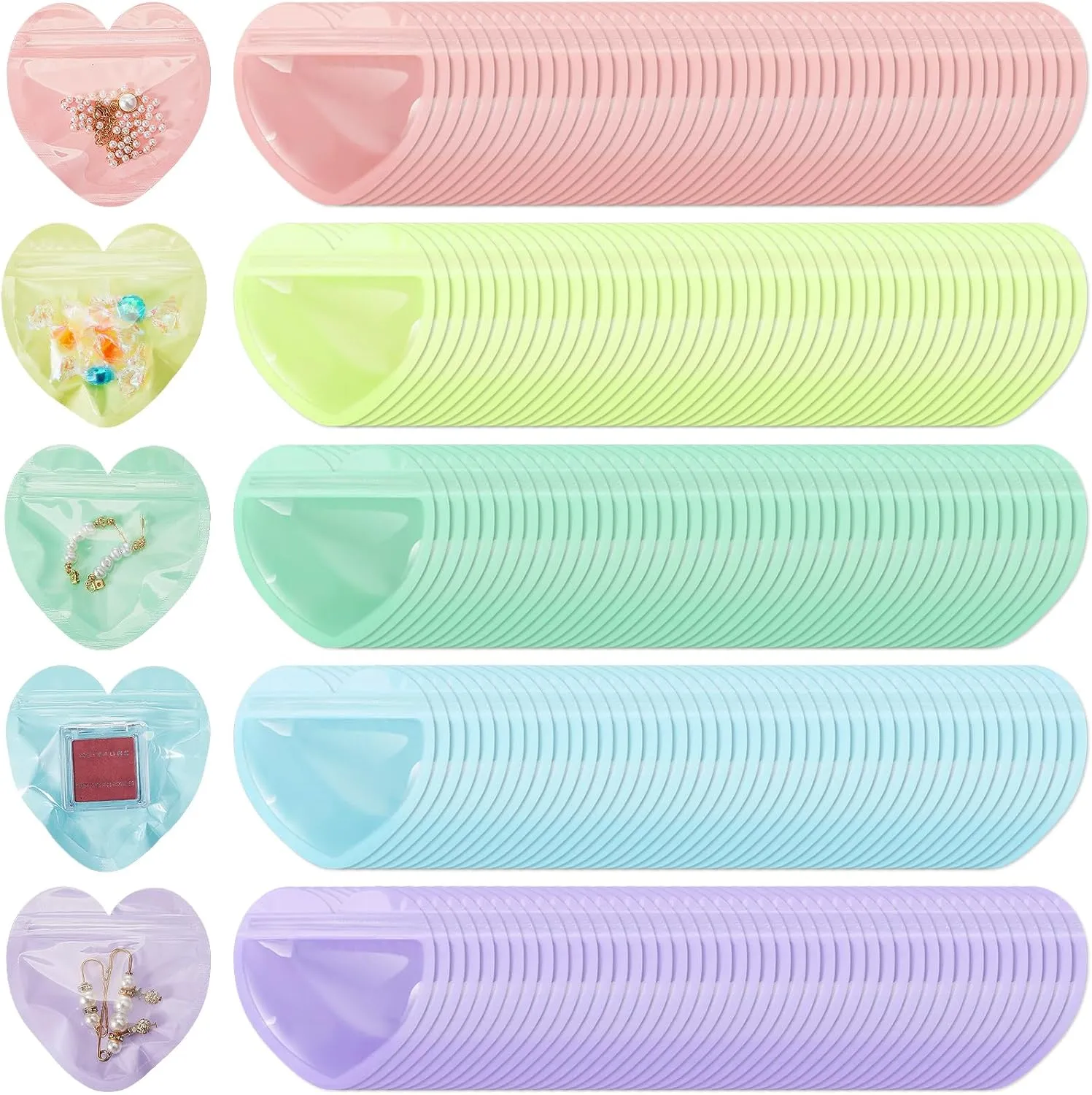 300 Pcs Heart-shaped Jewelry Packaging Bags Small Jewelry Transparent Resealable Cute Treat Bags for Business Wedding Birthday Festival Party Favor Supplies