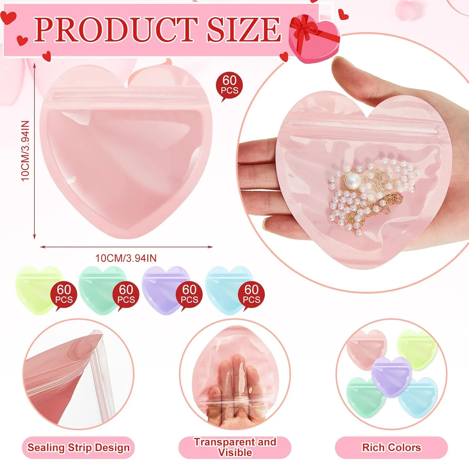 300 Pcs Heart-shaped Jewelry Packaging Bags Small Jewelry Transparent Resealable Cute Treat Bags for Business Wedding Birthday Festival Party Favor Supplies