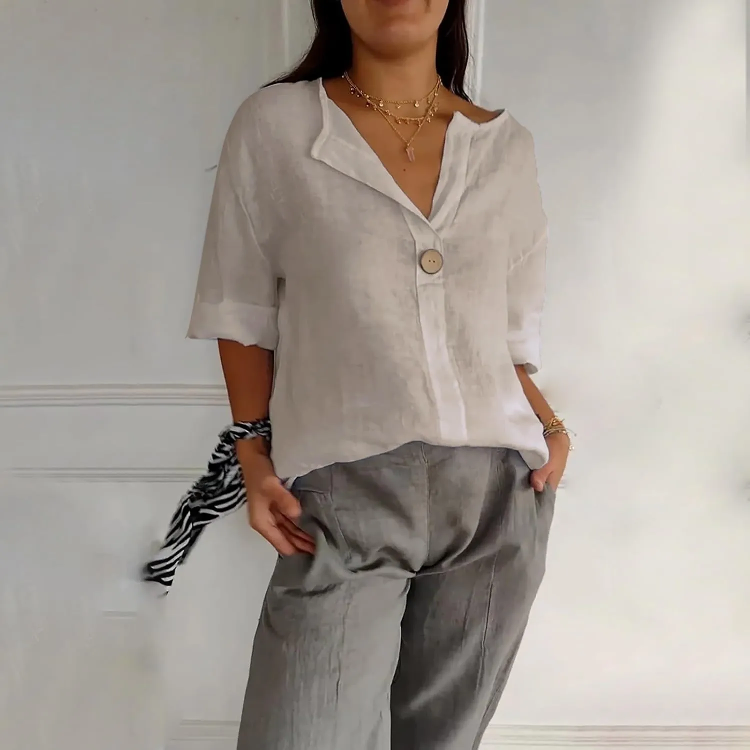 3/4 Sleeve Spring Tops for Women Summer Casual Loose Comfy V Neck Pullover Tops Beach Vacation Linen Shirts Blouses